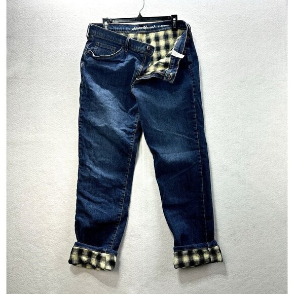 Eddie Bauer Jeans Womens 12 Flannel Lined Boyfriend Straight Leg Medium Wash - Picture 1 of 13